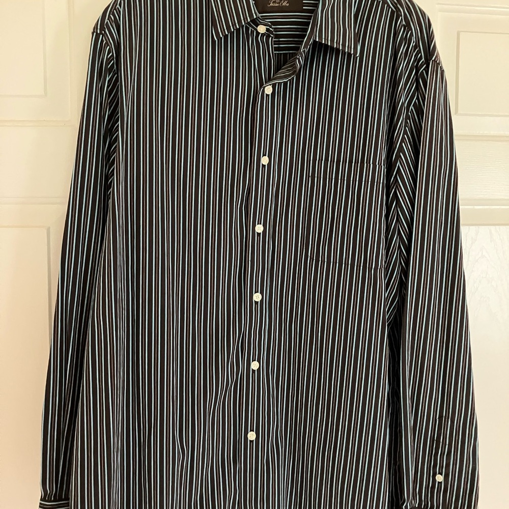 Tasso Elba dark brown, blue,and White Striped Casual Button Down Shirt